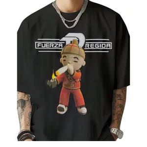 Fuerza Regida Cartoon Character Graphic T-Shirt, Urban Streetwear Print Tee, Fun and Bold Music Design, Soft Cotton Blend Shirt, Hip-Hop and Latin Music Apparel for Men & Women