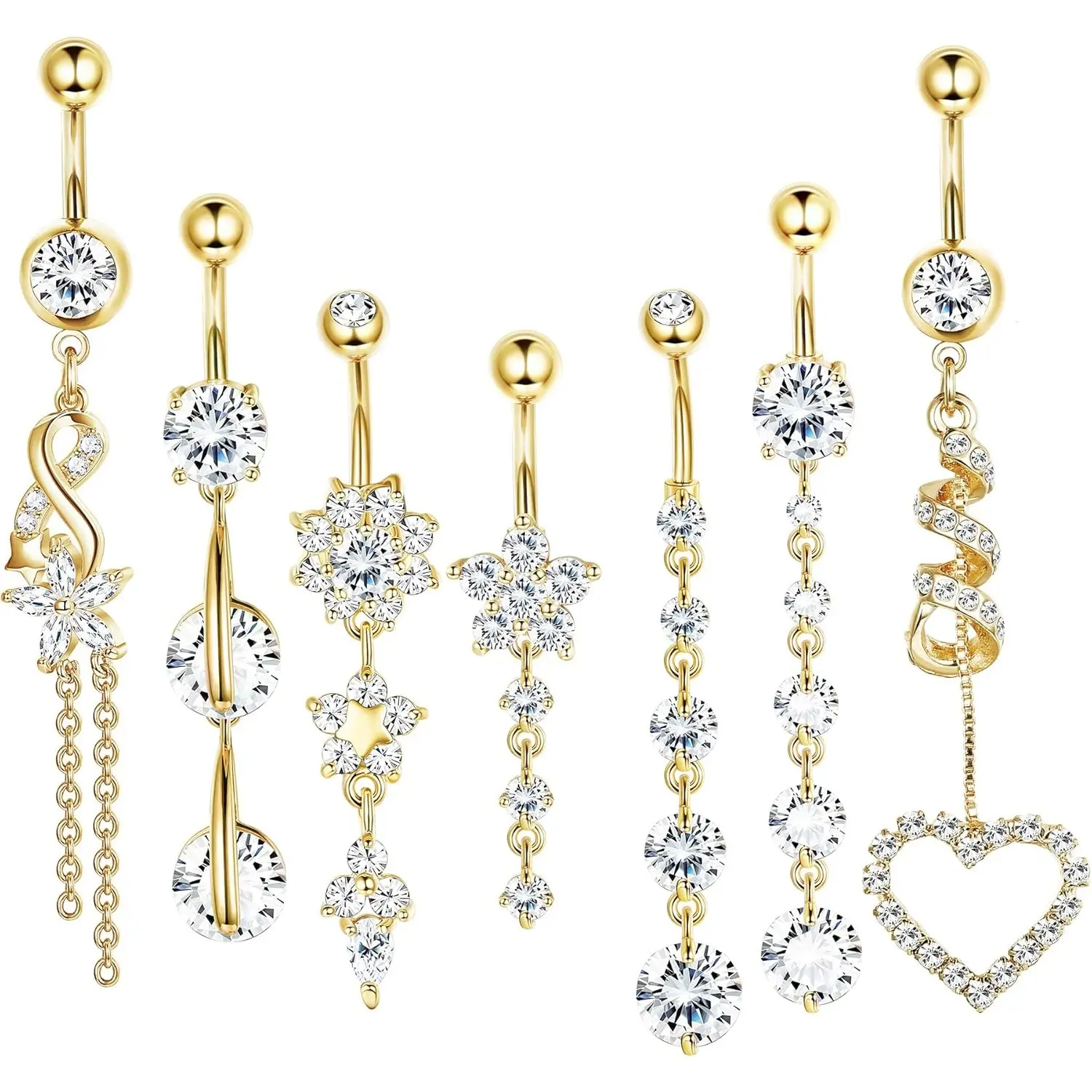 Belly Button Rings for Women, 7-Piece Dangle Set with Cubic Zirconia, 14G 316L Surgical Steel Curved Navel Barbell Body Jewelry, Female