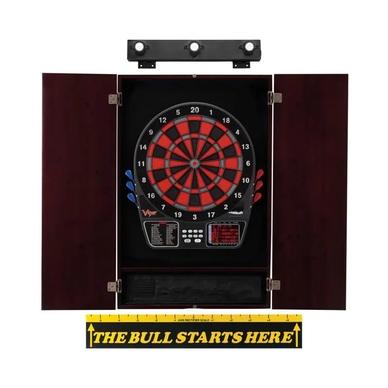 Electronic Dartboard Bundle in Durable Metropolitan Mahogany Cabinet for Friends & 16 Players with Backlit LCD Scoreboard, Shadow Buster Light & Easy Navigation, Rivals, Automatic Light