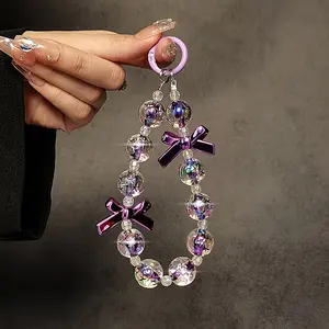 【Quick delivey】 Short Hand-Held Beaded Butterfly Bow Mobile Phone Lanyard Wristband with Clip and Key Chain Pendant