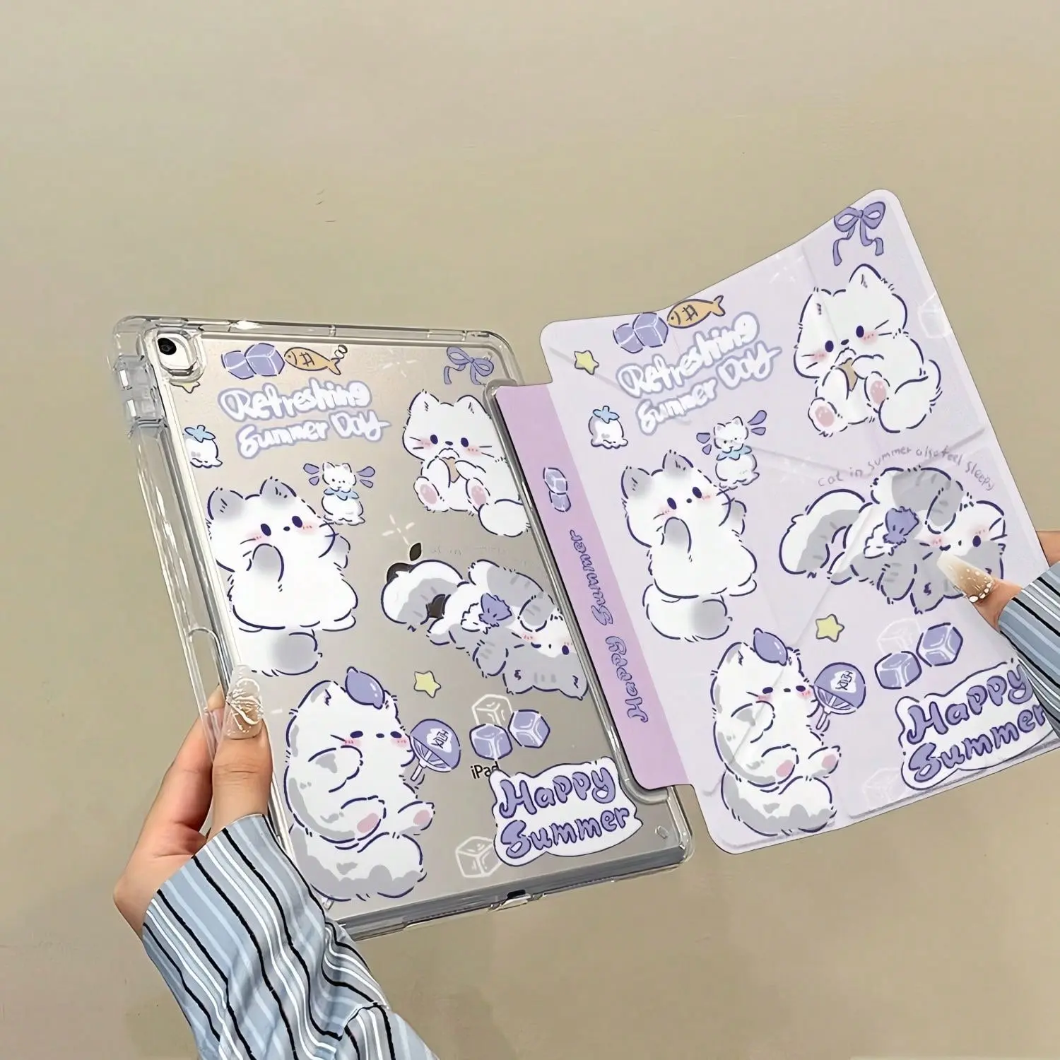 Dog Purple Cat Compatible With IPad A16 2025 Air 11 13 M2 M3 Pro 11 13 M4 2024 Air 4 5 10th 10.9 Pro 11 9th 8th 7th 10.2 Pro 12.9 4th 5th 6th Transparent Acrylic Back Cover Y Fold Case Tablet Protective Cover Accessories Tablet Casing Ipad Covers
