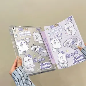 Dog Purple Cat Compatible With IPad A16 2025 Air 11 13 M2 M3 Pro 11 13 M4 2024 Air 4 5 10th 10.9 Pro 11 9th 8th 7th 10.2 Pro 12.9 4th 5th 6th Transparent Back Cover Y Fold Case Tablet Protective Cover Accessories Tablet Casing