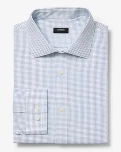 Express Modern Slim Check Plaid Spread Collar Stretch Cotton 1MX Dress Shirt