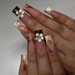 24pcs Long Square Polka Dot French Flower Design Nails Gold Beads Acrylic Press-On Nails Set, Includes Jelly Glue and Nail File, Easy Wear, Nail Designs