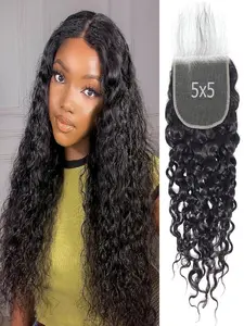 5x5 HD Lace Closure Water Wave 5x5 Lace Closure Human Hair Transparent HD Lace Closure 100% Raw Virgin Human Hair Free Part Natural Black Color 8-16 Inch