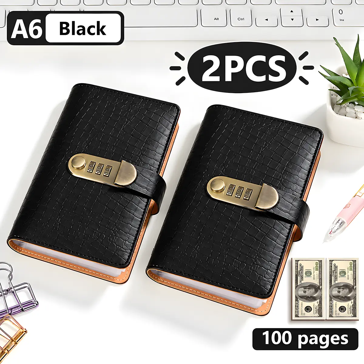 Savings Notebook with Secure Combination  Password Lock, Binder with 100 Transparent Pages for Cash Storage and Important Information, Portable Size