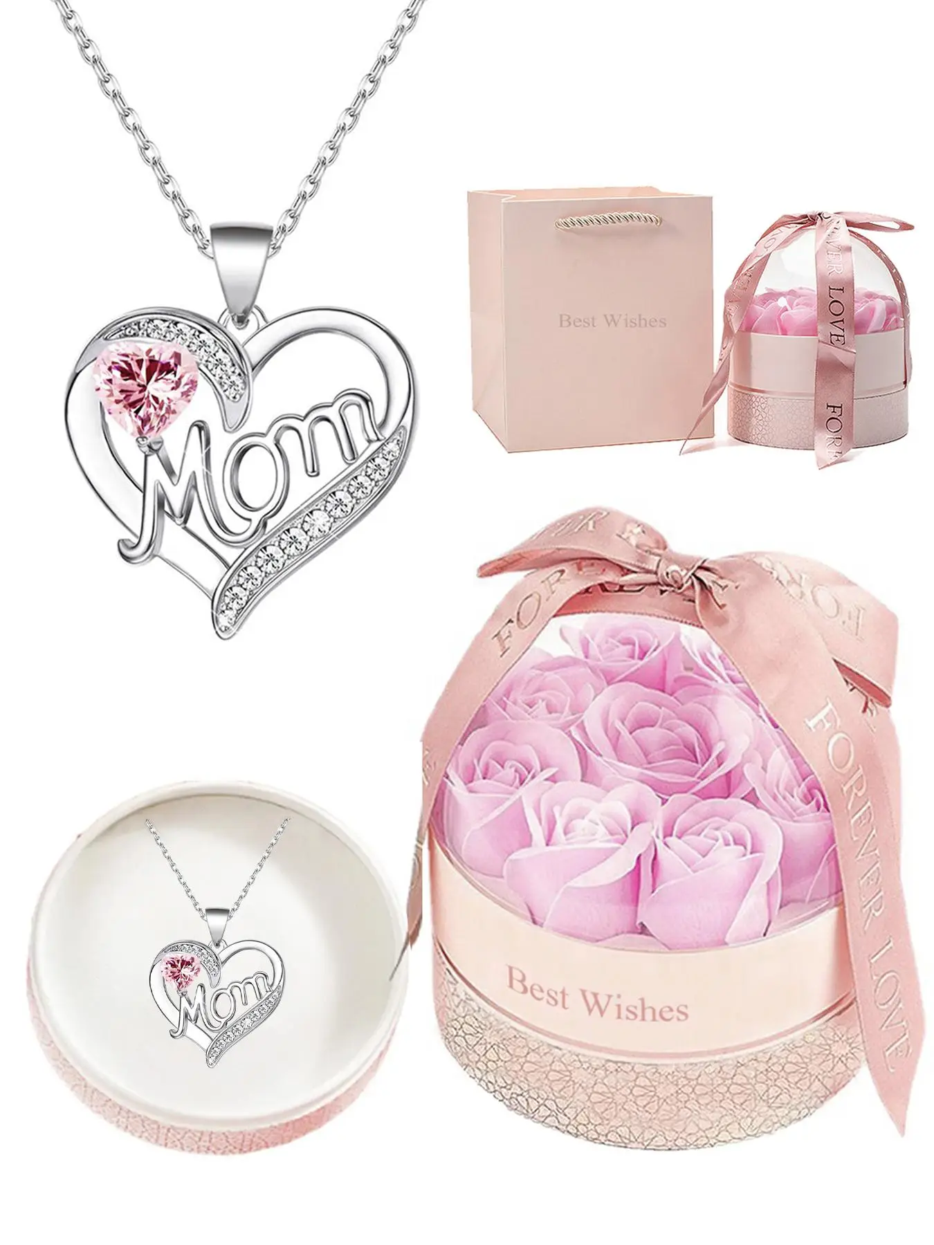 Creative Artificial Crystal & Rhinestone Decor Heart Pendant Necklace, Engraved Letters Necklace with Romantic Box & Flower, Summer Jewelry, Fashionab