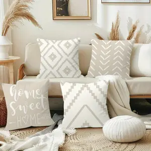 4pcs Boho Minimalist Throw Pillow Covers 18x18 Inch - Boho Minimalism Soft Polyester Farmhouse Decor With Beige & White  Geometric Pattern, Zipper Closure For Sofa Living Room Outdoor (No Insert), Decorative Pillows, Cozy Home Accents