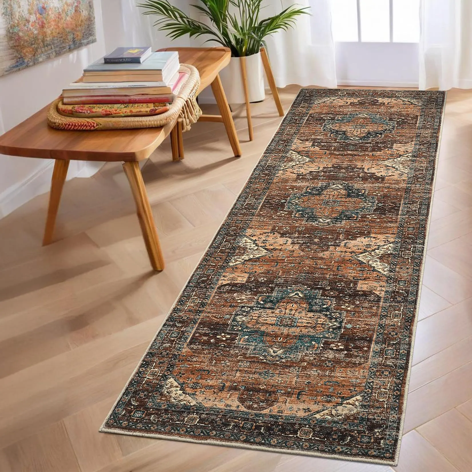 Hallway Rug 2x6 Machine Washable Runner Rug with Non-Slip Backing, Vintage Printed Area Rugs, Stain-Resistant Distressed Accent Carpet for Laundry, Bedroom, Entryway, Brown