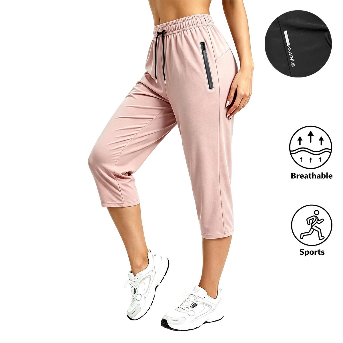 Four-pack women’s athletic capri pants made from breathable fabric for sports, featuring an elastic drawstring waistband that is comfortable and doesn’t constrict. Suitable for running, yoga, workouts, and everyday casual wear; machine washable and easy t