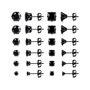 12 Pairs Black Stud Earrings for Men Women Stainless Steel Earring Studs Round Square Cubic Zirconia Black Earrings Ball Flat Round Mens Stud Earrings Set 3-8mm