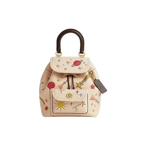COACH X OBSERVED BY US Riya 23 Backpack for Women in Khaki with Cartoon Print, Leather, Drawstring and Buckle Closure