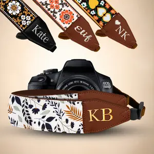 Personalized Embroidered  Camera Strap - Camera Strap for SLR/ DSLR, Brown White Flower, Multi Color, Orange White Flower