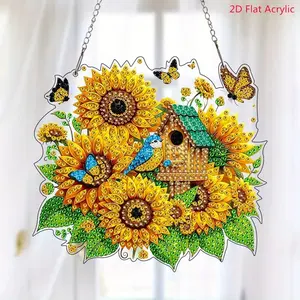 Vibrant Sunflower and Birdcage Diamond Art Set, Unique Acrylic Gem Pendant, Butterfly Decorative Charm, 2D Flat Design, Diamond Painting Kits