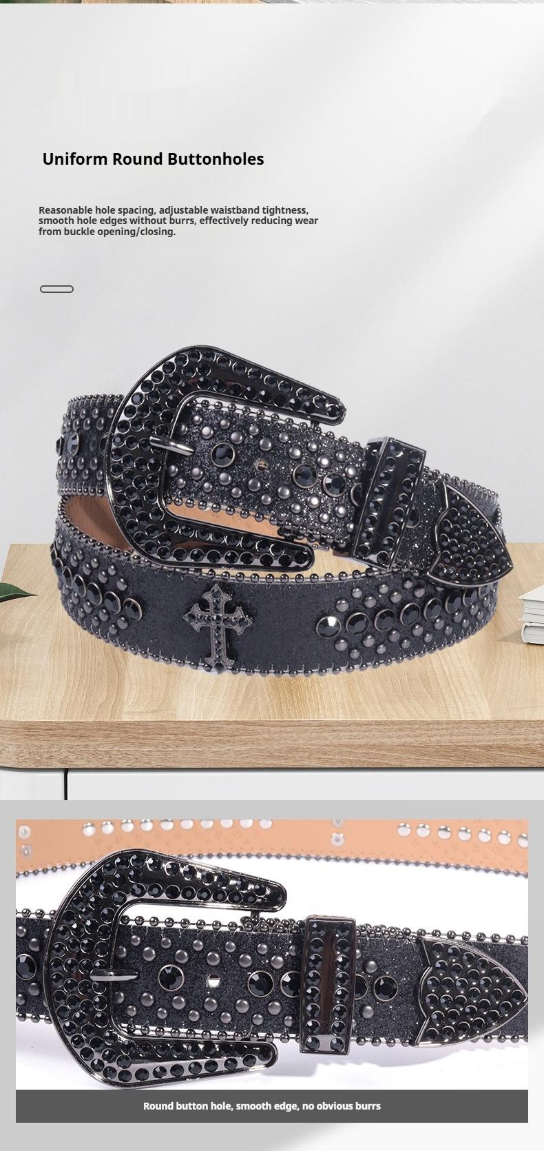 Unisex Crocodile Pattern Belt with Rhinestone Decorative Buckle Cross Pendant New Street Fashion Denim Belt Adjustable for Most Waist Sizes