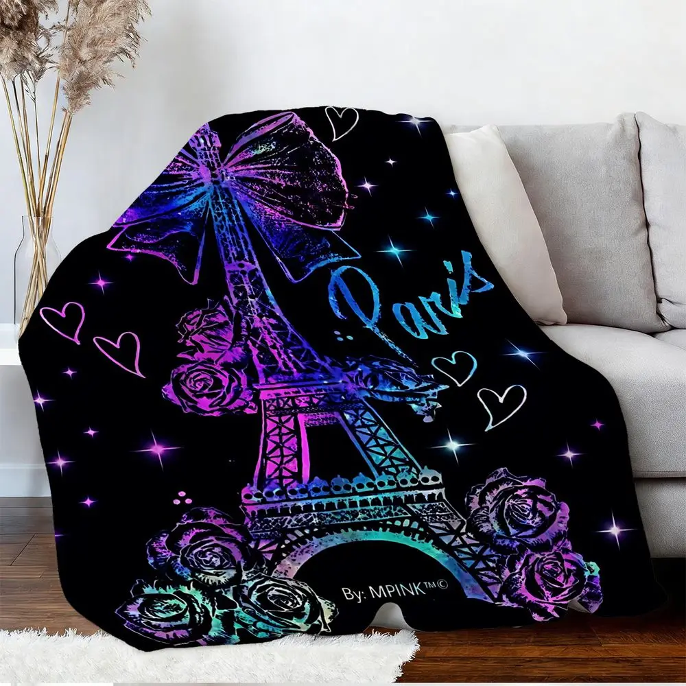 Neon Tower Blanket, Glowing Fuchsia Pink & Electric Blue Flannel Throw Blanket, Sparkling Romantic Home Decor, Perfect for Cozying Up, Camping Trips, and Office Warmth – A Unique Gift for Paris Lovers!