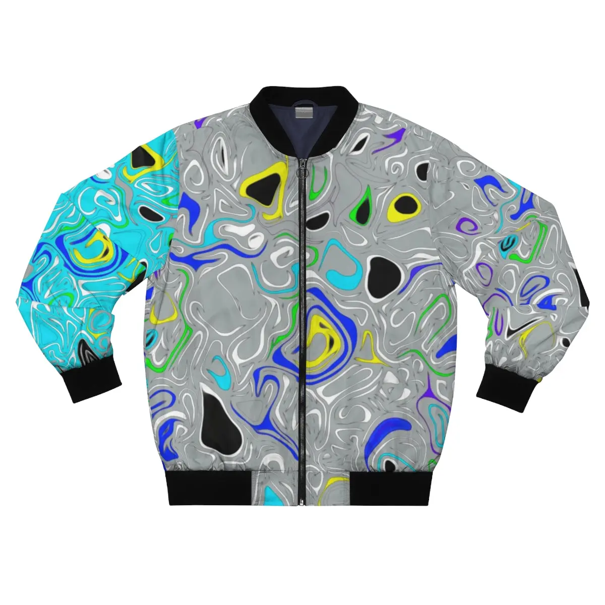 Graffiti Gray Bomber Jacket - Classic Design, Polyester Material, Elastic Waistband, Features Colorful Patterns, Suitable for Men Blue Coats
