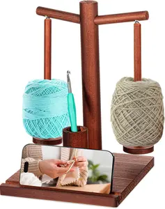 Wooden Yarn Holder for Crocheting & Knitting Upgraded Magnetic Rotating Yarn Spinner with 2 Spindles & Phone Stand Crochet Accessories Crochet Gift for Crocheting Knitting Lovers Crocheters