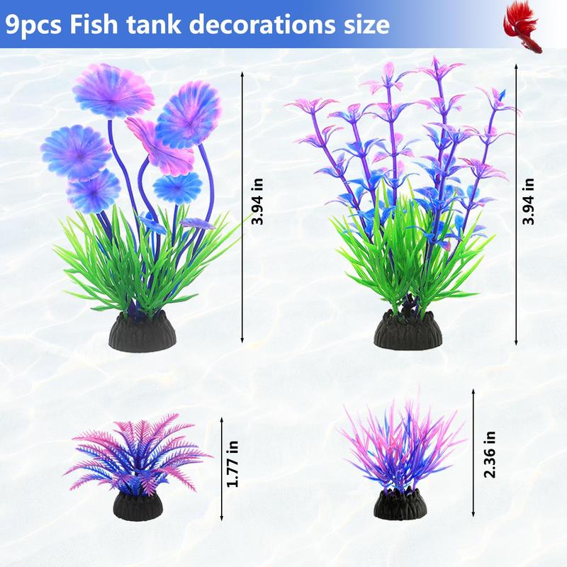 9 PCS Aquarium Artificial Plastic Plants Decorations and Broken Barrel Decor Set Goldfish Betta Fish Tank Accessories Small Large Fish Bowl Ornaments