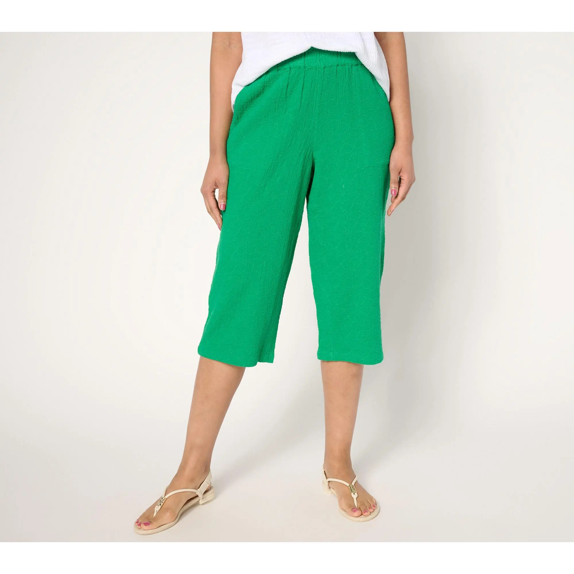 Denim & Co. Beach Petite Cotton Gauze Capri Pant Stitch Detail