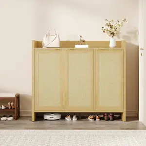 Modern Rattan Shoe Cabinet Slim Entryway Storage Organizer Table 5 Tier Adjustable Shoe Shelf Wooden Boot Cupboard Unit With Side Compartment Rails Hallway Dressing Room Corridor Furniture Light Dark Oak