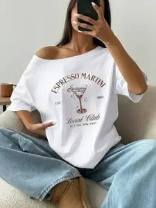 Women's Espresso Martini Print Shoulder Top, Casual Comfy Short Sleeve T-shirt for Daily Wear, Ladies Sleepwear for Summer, Casual Fashionable Top