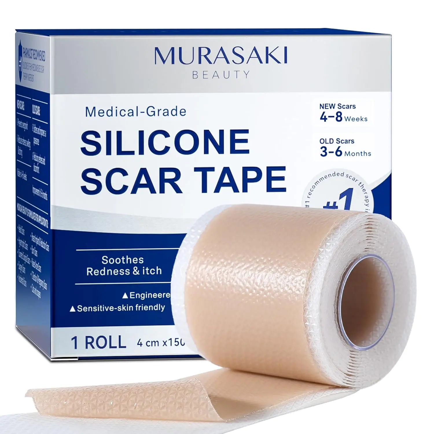 Murasaki Beauty Flexible Medical Silicone Scar Sheets 1-Pack (1 Roll, 1.6in x 60in) - Reusable Strip for Adult Care, Surgical & C-Section Keloids, Hypertrophic Scars, Stretch Marks