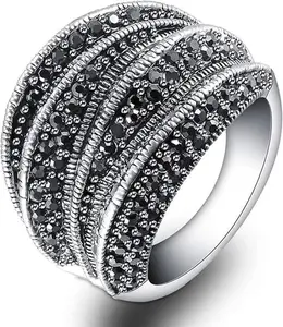 Aprilery Retro Black Crystal Statement Ring Jewelry – Multi-Row Vintage Wide Band Ring for Women
