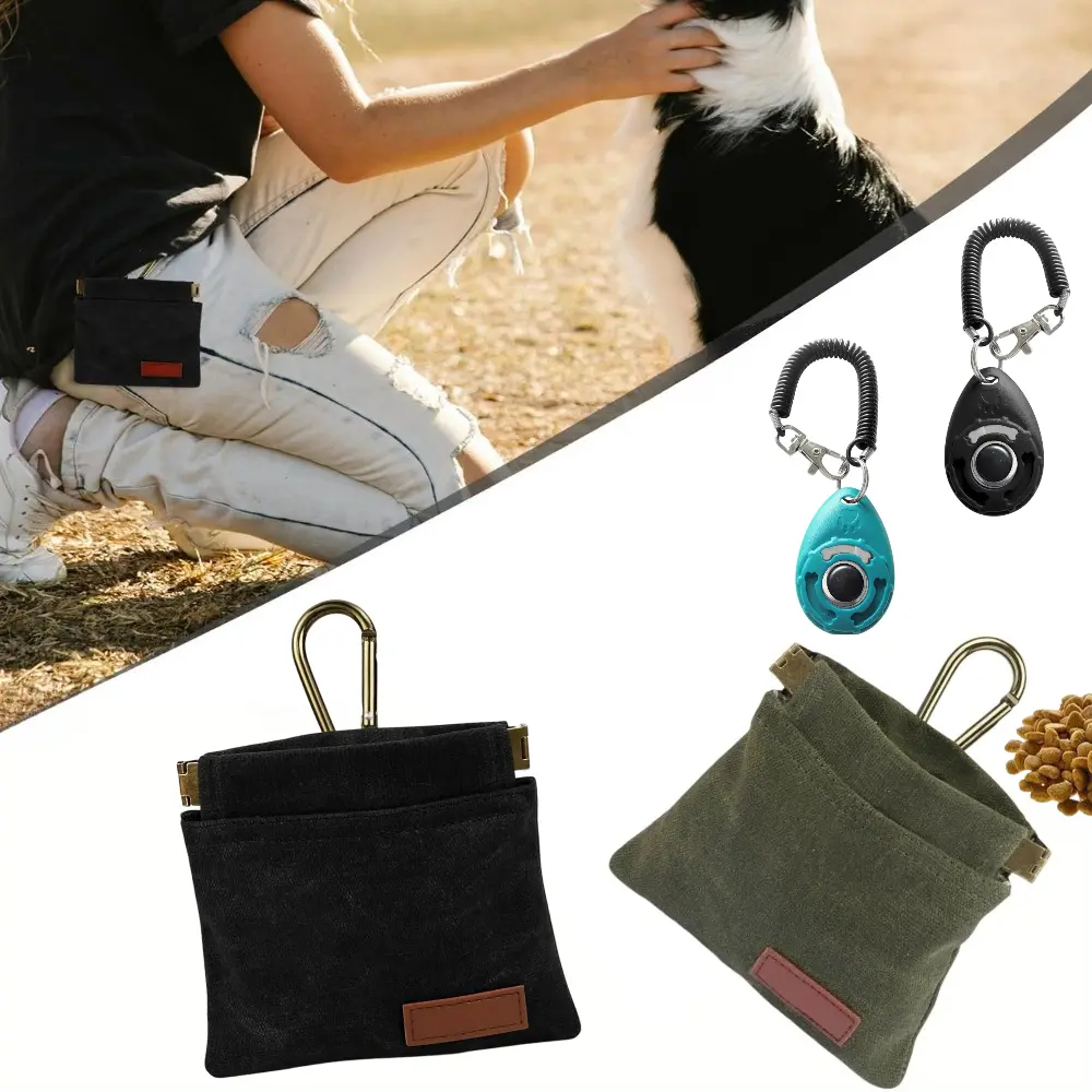 2Pcs Dog Treat Pouches With 2pcs Clickers for Pet Training, Hand Free Puppy Dogs Treat Bag with Carabiner, Portable Auto Closing Pet Dog Walking Bag for Travel or Outdoor Use, Pets Feed Snack Reward Pocket