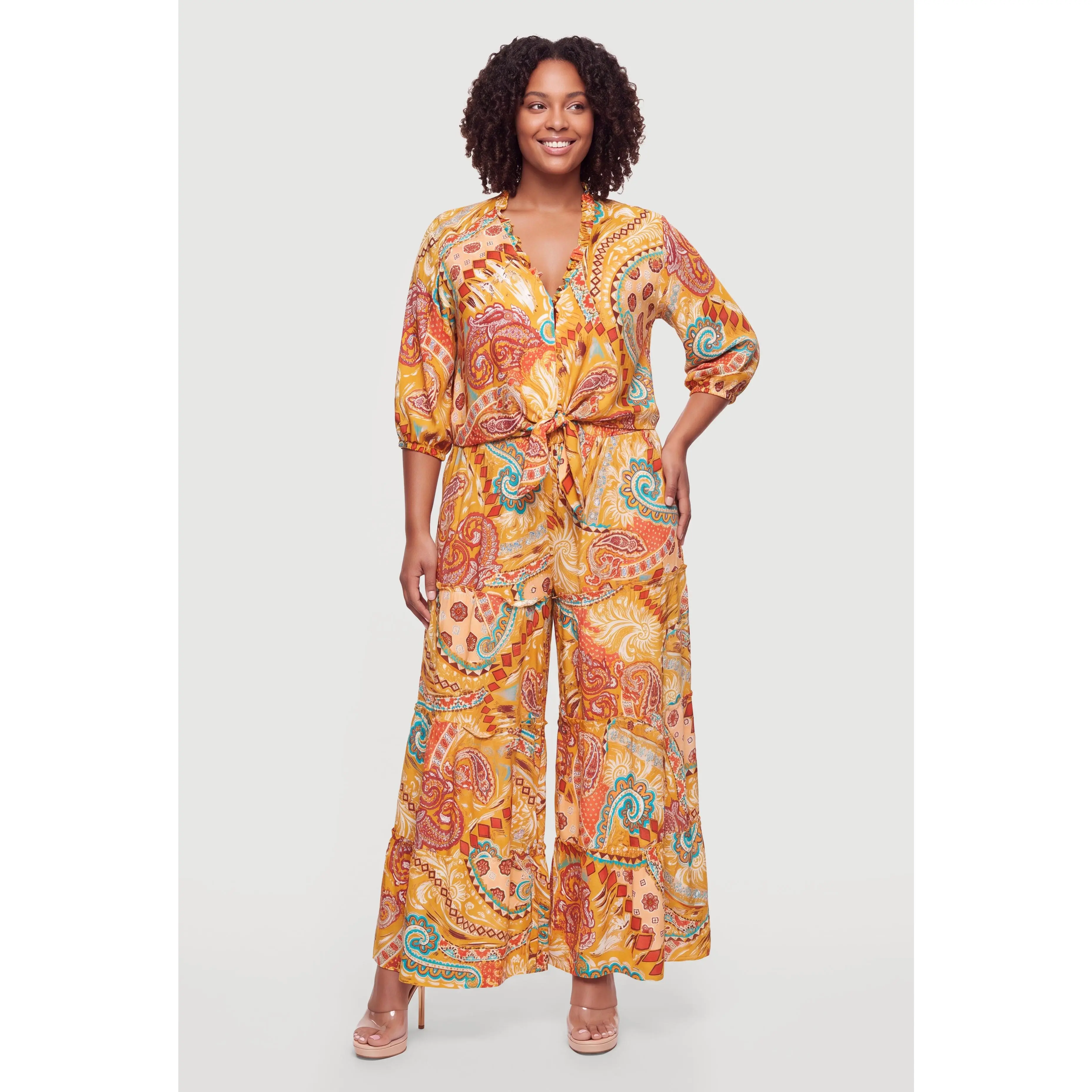 Plus Size Smocked High Waisted Paisley Palazzo Pants