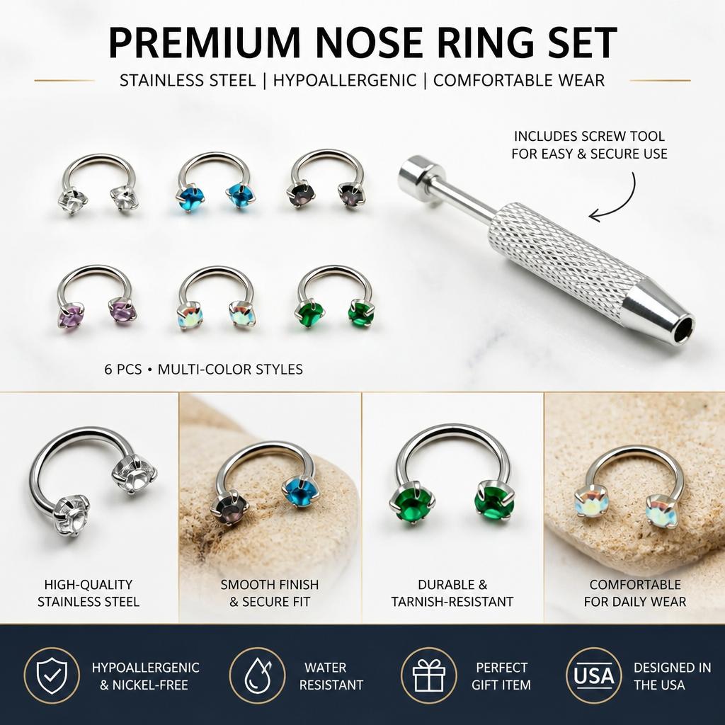 Nose Piercing Jewelry Set, 6pc 18G Internally Threaded Gem Horseshoe & Hoop Rings in 316L Titanium Steel with Guiding Needle