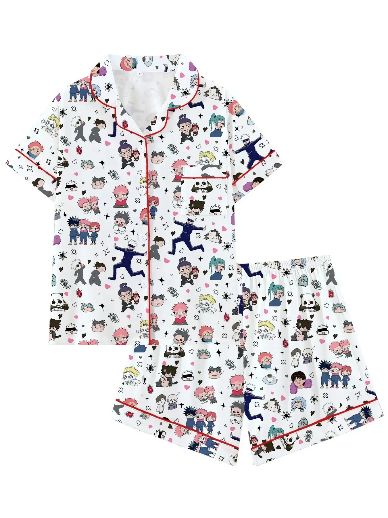 Otaku Vibe Cute Lape Short Sleeve Pajama Set, Comfortable Sleepwear for Home and Outdoors, Perfect Gift for Pajamas, Dark Fantasy Anime Style 2-Piece Pajamas, Japanese Graphic Sleepwear