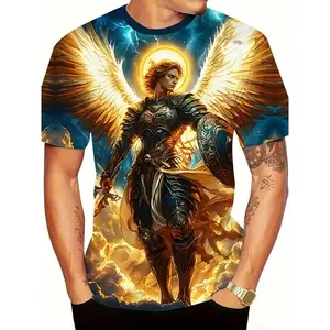 Men'S 3D Warrior Angel Graphic T-Shirt - Vibrant Blue & Golden Armor with Golden Wings, Bold Fantasy Design, Machine Washable Casual Round Neck Tee for Summer, Regular Fit Novelty Top, Fantasy Graphic Tee |   Bold Graphic Tee |   Durable Fabric, Angel Shi