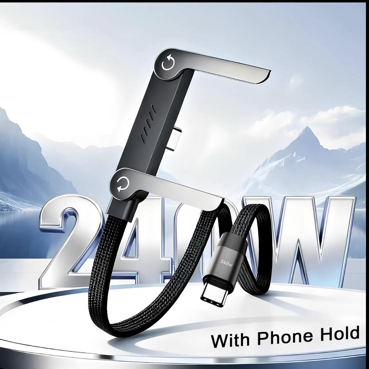 Outdoor mobile portable indoor travel tool 240W fast charging data cable | Woven material, foldable stand, black - Dual-purpose fast charging cable for phone charging and desktop video viewing, Type-C to Type-C, USB-C interface type