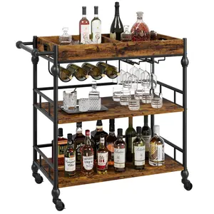 3-Tier Rolling Bar Cart with Wheels, Retro Beverage Trolley with Wine Rack & Glass Holder, Removable Top Tray for Kitchen Living Room, Brown