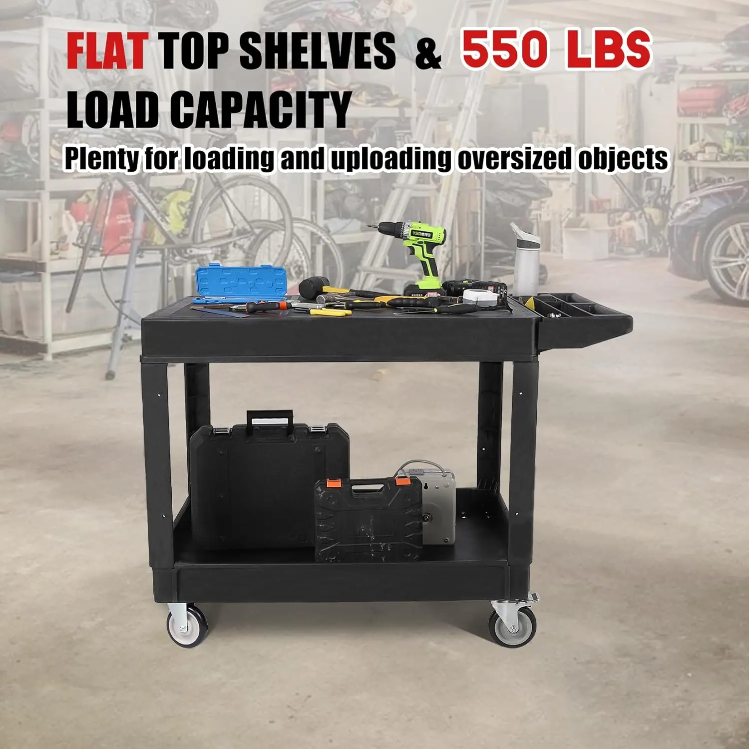 【Christmas Gift】Utility Service Cart Flat top, 550 LBS Heavy Duty Plastic Rolling Utility Cart with 360°Swivel Wheels, Shelves Work Cart Ergonomic Storage Handle for Warehouse Garage Organiser Racks Industrial Smooth