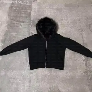 Dark faux fur collar zip-up hoodie, oversized hip-hop Y2K streetwear jacket — retro rock/gothic punk style