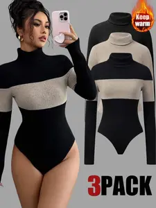 Women's High Neck Colorblock Tight-Fitting Jumpsuit Set, Fall Winter Warm Comfortable Elastic Simple Versatile Top, 3 Piece Suit Bodysuits