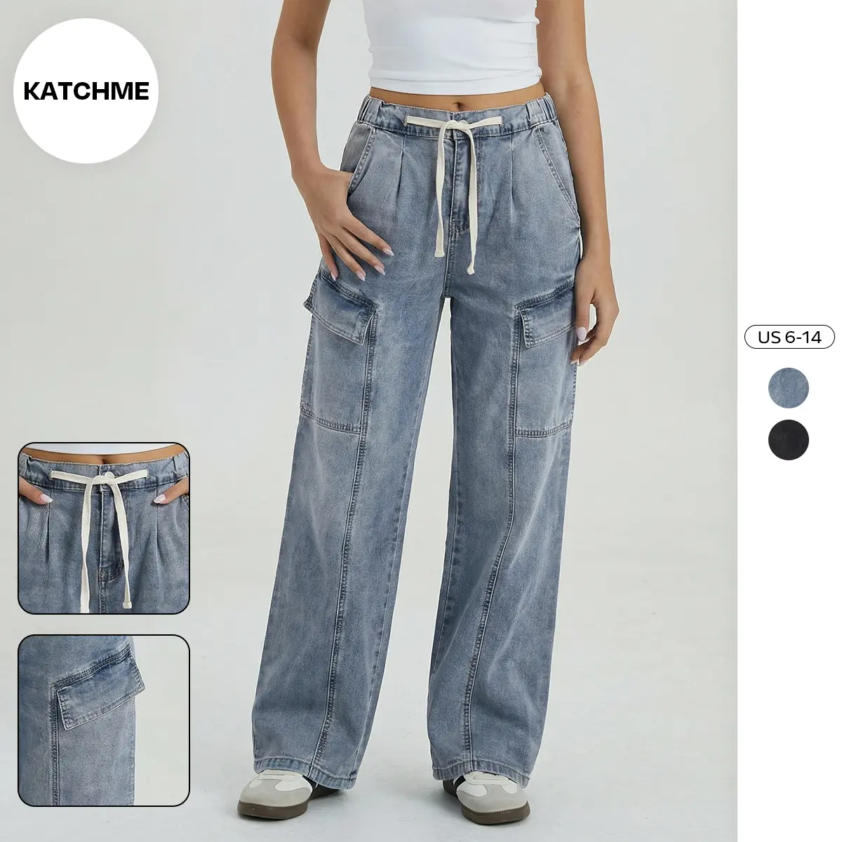 Katch Me Women's Vintage Mid-Rise Drawstring Waist Multi-Pocket Wide Leg Jeans, Versatile Cargo Pocket Women's Bottom, Street Womenswear