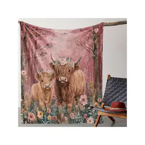 Vintage Scottish Highland Cow Blanket - Soft Flannel All-Season Warmth With Scottish Cow Print (Calf & Cow Design, Pink/Green/Beige) - Bedspread Sofa, Bed, Travel, Camping - Washable Cozy Throw Scottish Decor & Gifts - Multi-Use