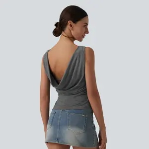 Halara Women's Boat Neck Cowl Back Ruched Casual Tank Top for Sports & Outdoor Activities