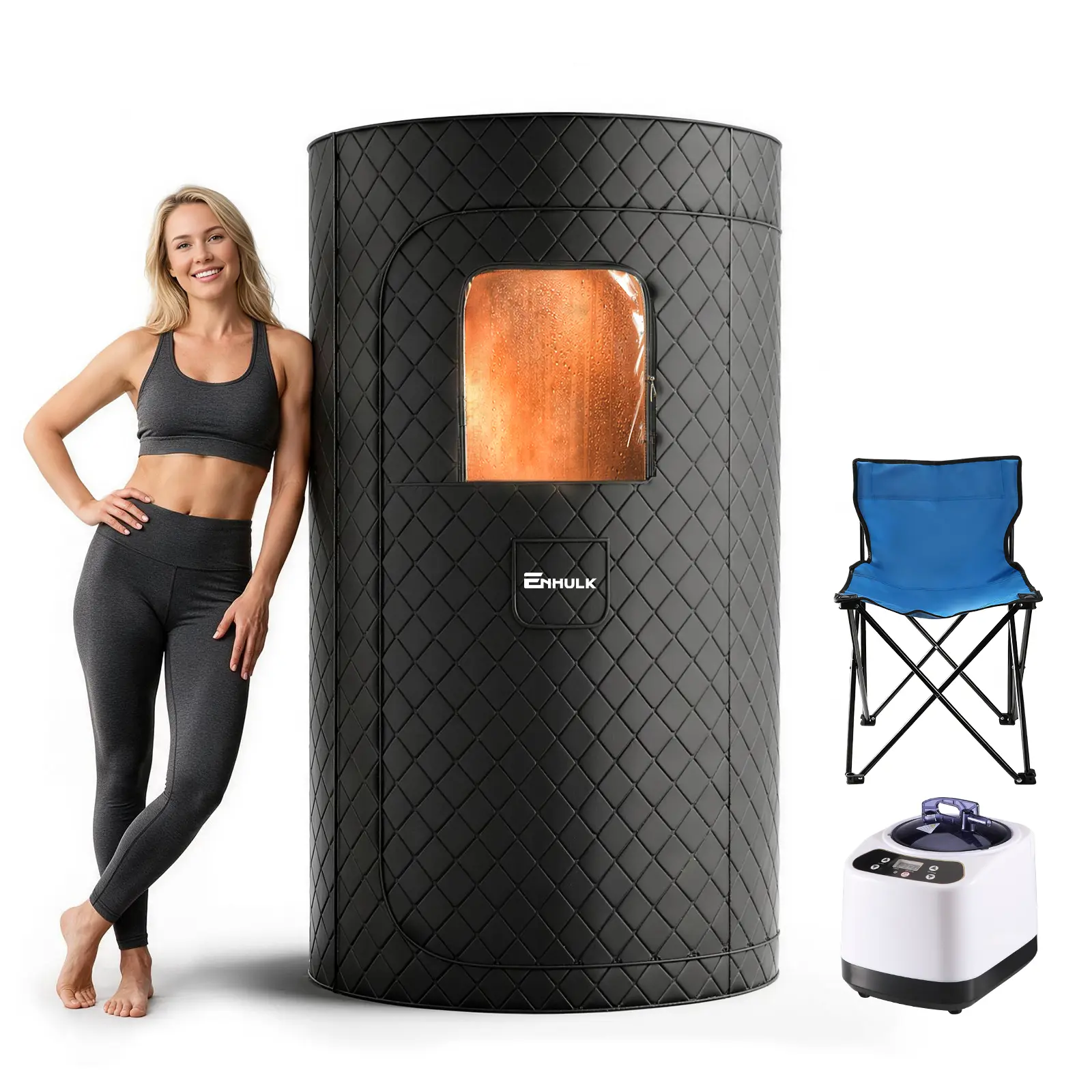 【Personal Home Spa】Syvio Portable Sauna Box for Relaxation, Detoxification, Steam Sauna Tent for Home with 3.0L Steamer, Folding Chair, Remote Control, Doormat, 9 Levels, 3.6' x 3.6' x 5.9', Circular