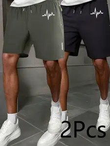 2-Pack Men's Heartbeat Line Print Gym Shorts, Side Pockets, Striped Design, Casual Wear for Work, Pool Party, Weekend Relaxation
