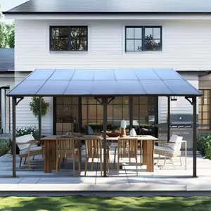 10' x 14' Outdoor Wall-Mounted Lean-to Metal Pergola Gazebo Awning with Polycarbonate Roof for Patio, Deck, Backyard - Heavy Duty & Weather Resistant-Grey