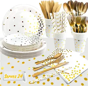 White And Gold Party Supplies, 193 pcs Golden Dot Disposable Party Dinnerware Set, White and Gold Party Paper Plates Cups Napkins Tablecloth, Gold Plastic Forks Knives Spoons for Graduation, Holiday