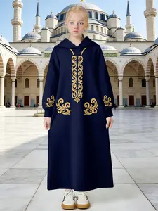 Gold Embroidered Girls' Robe Jilbab, Vintage Palace Style Hem, Hooded Long Sweatshirt Dress, Casual Fashion for Kids