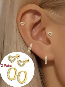 Women's Elegant Heart-Shaped Earrings, Hypoallergenic Stainless Steel Studs, Soft Cartilage Hoop Piercing Jewelry, Perfect Gift