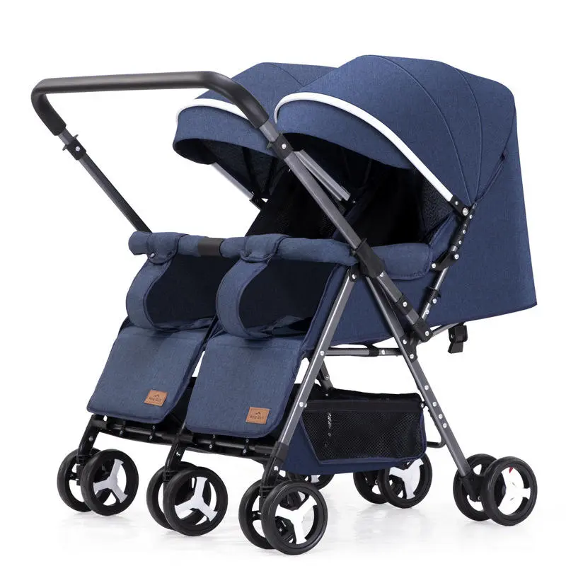 OMNIRA Lightweight Portable Folding Twin Stroller - Side-By-Side Seats Wagon, Compact Double Travel Pushchair for Toddlers, Navy Blue