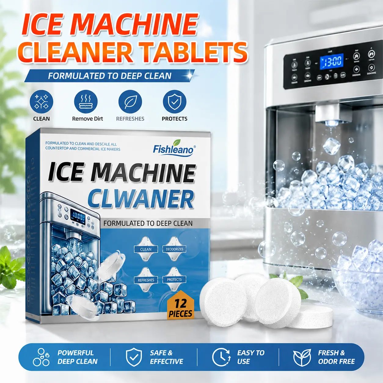 12pcs/box Ice Machine Cleaner Tablets, Gentle Deep Cleaning Formula for Home & Commercial Ice Makers, Removes Limescale & Odors, Helps Keep Ice Machines Fresh, Safe for Stainless Steel, Easy Kitchen Appliance Maintenance