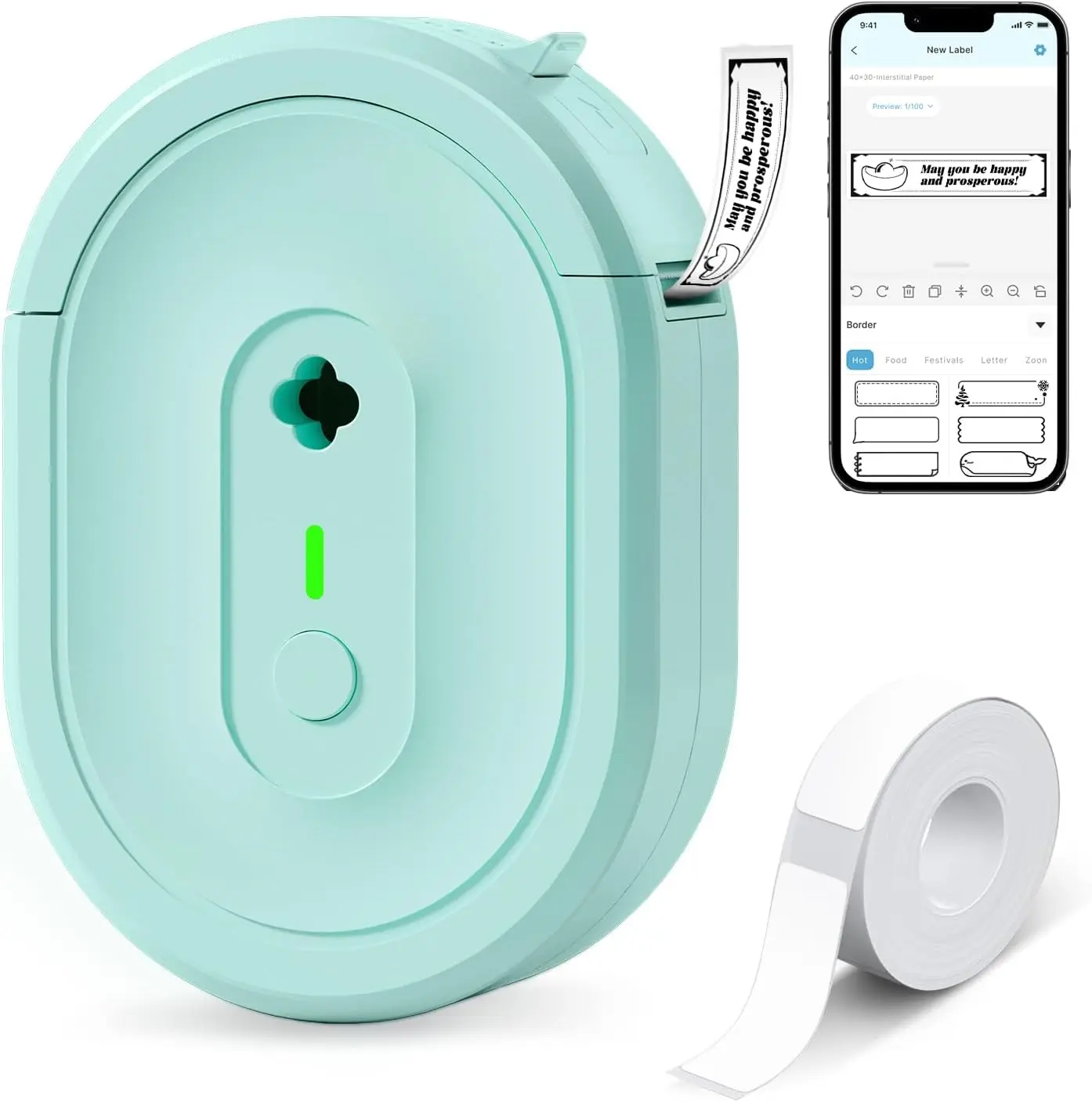 Bluetooth Label Maker Machine with Tape Portable Mini Thermal Sticker Printer Creative App Multiple Templates Inkless Labeling Machine Compact Label Printing Device for Home Kitchen Pantry School Office Organization Green